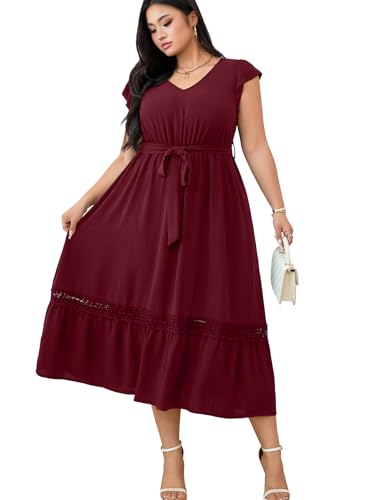 RWJ Women Plus Size Summer Maxi Dress V Neck Cap Sleeveless Cocktail Casual Dresses with Belt