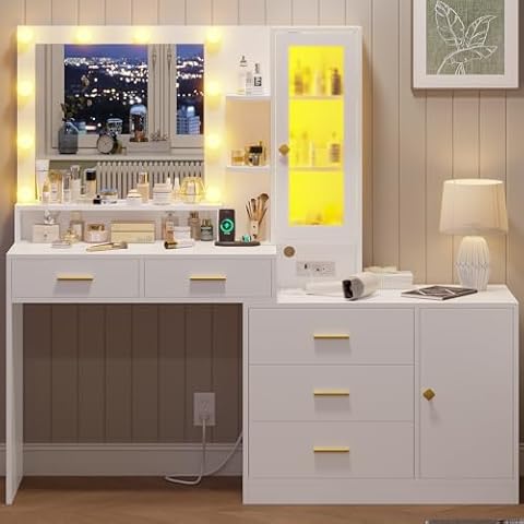 BTHFST Vanity Desk with Mirror and Lights, Makeup Vanity with Lights & Charging Station, White Vanity with Ambient Light, Vanity Table with Dresser, Makeup Table with Drawers & Shelves Cover