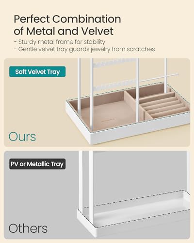 Image of SONGMICS Necklace Holder, Jewelry Stand Holder Organizer, Jewelry Display with Metal Frame, Velvet Tray, Earring Bracelet Holder, for Gift Idea, 5.5 x 9.4 x 14.1 inch, Matte White UJJS028W01