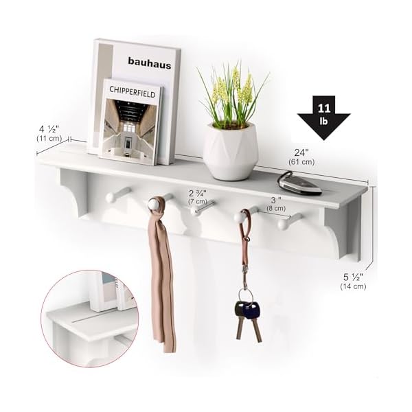 Ballucci floating coat and hat wall shelf rack coat rack wall mount 5 pegs hook 24 white  urban country home decor
