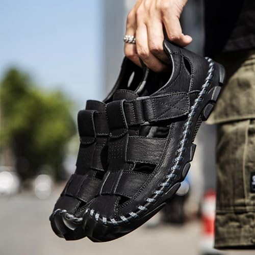 MILDSEVEN Classics Men's Outdoor Business Backpacking Sandals, Fashion Closed Toe Hiking Sandals, Breathable Handmade Sports Beach Shoes,10,Black2