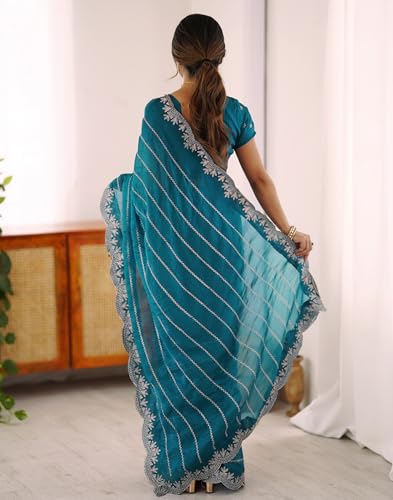 Image of SIRIL Women's Chiffon Scalloped Border Sequins Embroidery Saree with Unstitched Blouse Piece