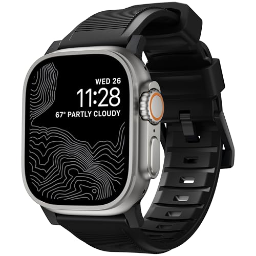 NOMAD Strap Rugged V2 black Connector silver | strapazierfähiges Uhrenarmband aus Kunststoff FKM für die Apple Watch 42/44/45/49mm | In schwarz mit silber Schnallen
