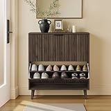 VASAGLE MAXE Collection - Shoe Storage Cabinet with 2 Flip Drawers, Freestanding Narrow Shoe Rack Organizer for Entryway, Fluted Doors, Fits 12-16 Pairs, Mid Century Modern, Walnut Brown UHSC202KF02S