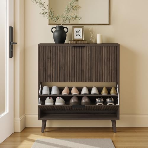 VASAGLE MAXE Collection - Shoe Storage Cabinet with 2 Flip Drawers, Freestanding Narrow Shoe Rack Organizer for Entryway, Fluted Doors, Fits 12-16 Pairs, Mid Century Modern, Walnut Brown UHSC202KF02S
