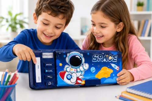 Image of Space Theme Multifunction Pencil Box for Kids | Large Capacity Compass Box with Sharpener, Timetable Card, Pen & Pencil Holder | School Stationery Organizer Case (Blue)