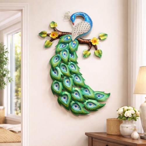 Image of Framing Hub - Metal Big Hand Painted Peacock Wall Art Decor | Decorative Wall Sculpture for Living Room Bedroom Drawing Room Office (Size 30x22 Inch)