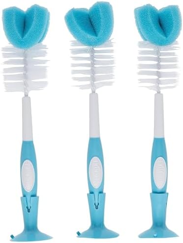Dr. Brown’s Reusable Sponge Baby Bottle Cleaning Brush Set with Suction Cup Stand, Scrubber and Nipple Cleaner, Blue 3-Pack