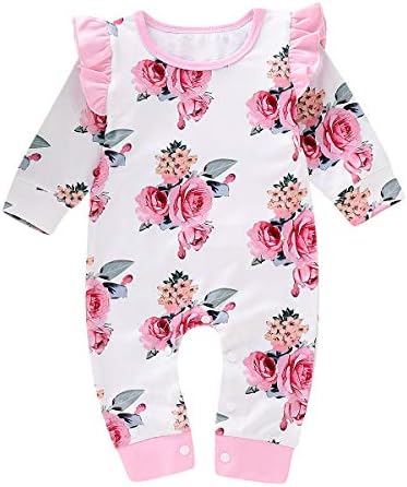 Happy Town Infant Romper Outfits Baby Girls Autumn Long Sleeve Flower Print Green Bodysuit Jumpsuit Clothes (White, 6-12 Months)