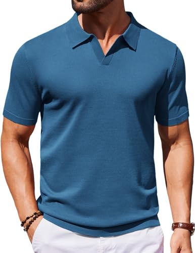 Image of COOFANDY Men's V Neck Short Sleeve Stretch Knit Polo Shirt