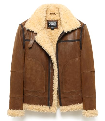FLAVOR Men's Leather Bomber Jacket Winter Warm Shearling Aviator Jackets with Adjustable Belt Strap