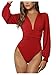 GORGLITTER Women's Sexy Ruched Deep V Neck Long Sleeve Bodysuit Plunging Neckline Leotard Shirts Red Medium