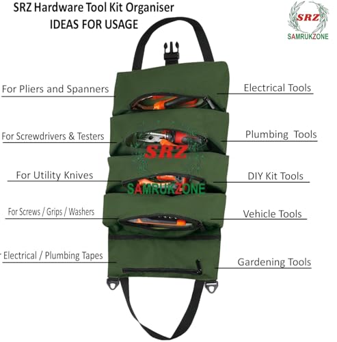 Image of SRZ Tool Kit Storage Organiser for Home Car Tool Bag, Gardening Accessories, Electrical Tools (5 Pockets, ONLY BAG NO TOOLS) (GREEN)