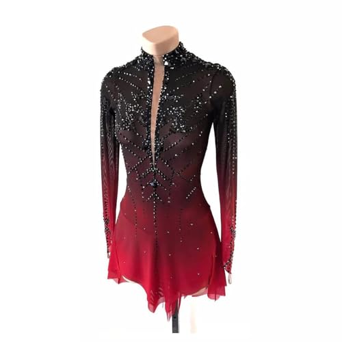 Vestido de patinação no gelo para meninas preto vermelho halo tingimento profissional mangas comprid