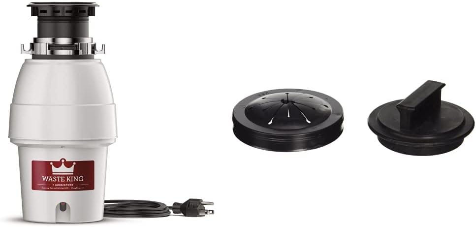 Waste King Legend Series 1/2 HP Continuous Feed Garbage Disposal with Power Cord - (L-2600) & Moen 1025 AMC Kitchen Products EZ Mount Garbage Disposal Stopper and Splash Guard, Black