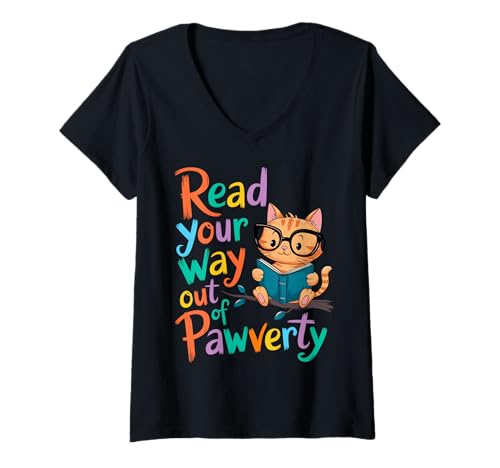 Womens Read Your Way Out of Pawverty Cute Cat Reading Book Student V-Neck T-Shirt