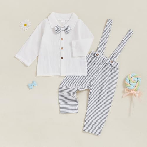 Image of VISGOGO Toddler Boy Linen Outfit Baby Boy Fall Winter Clothes Set Button-Down Shirt Tops Cotton Linen Pants 2PCS (Grey-Striped, 0-6 Months)