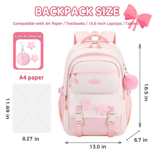 TYHOTULY Cute Backpack for Girls, Kawaii Large Capacity Bookbags for Teens Kids Preppy Aesthetic Book Bag for Elementary Middle High School with Star Pins and Furry Pendant 4+ Years Old (Pink) - Image 2