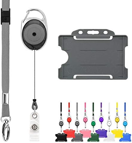 Retractable Lanyard and Badge Holder Trio Triple Pack by LanyardsTomorrow - Set Includes A Single Plain Lanyard, Extendable Carabiner Yoyo Reel Clip and Rigid ID Card Holder (Blue)