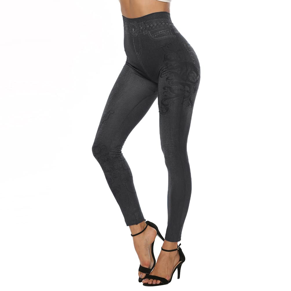 Junhouse Women Ladies Skinny Faux Denim Leggings Jeans Jeggings Fit Classic Stretch Floral Jeans High Waist Pencil Pants Tights Trousers (XS,YF Black)