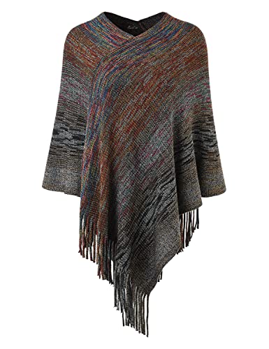 Ferand - Poncho Chandail Tricot Doux et Léger avec Frange et Tissu Bigarré pour Femme - Taille Unique - Noir Cover