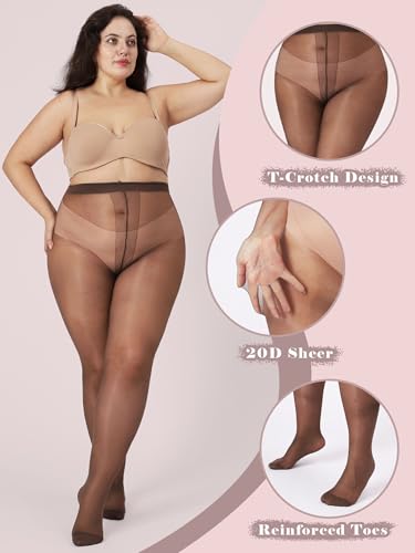 Image of Plus Size Sheer Black Tights for Women T-Crotch 20D Ultra Thin Pantyhose High Waist Stockings 2 Pairs