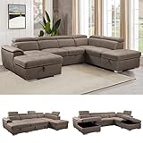 THSUPER 127'' Microfiber Oversized U Shaped Sectional Sleeper Sofa Couch with Pullout Bed, 7 Seat Couches with Adjustable Headrest, Sofas with Storage Chaise and Ottoman for Living Room. Light Brown