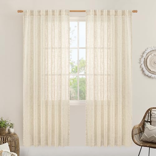LAMIT Beige Linen Curtains for Doorway Living Room 2 Panels Set, 80 Inch Faux Linen Textured Light Filtering Drapes Back Tab and Rod Pocket Boho Panels for Bedroom/Porch, 52 x 80 Inch