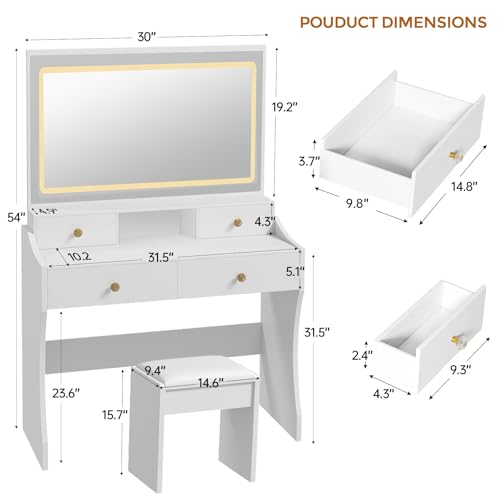 Image of COMHOMA Makeup Vanity Desk with Mirror and Lights, Vanity Table and Chair Set with 5 Drawers & Charging Station, Bedroom Dressing Table, Stepless Dimmable & 3 Color Modes Adjustable, Snow White