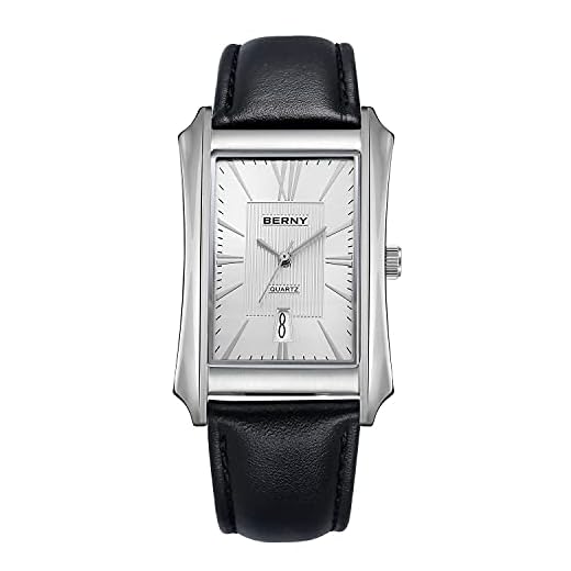 BERNY Mens Business Casual Quartz Watches Stainless Steel Case with Leather Strap Rectangular Watches for Men (White