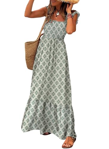 Image of LOLONG Maxi Dress for Women Summer Boho Spaghetti Strap Square Neck Ruffle Beach Sun Dress