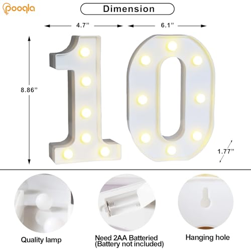 Image of Pooqla 10th Birthday Decoration for Girls Boys, Decorative Marquee Numbers with Remote, Light Up 10 Sign for Party Backdrop 10th Wedding Anniversary Decor, Warm White and Cool White Number 10