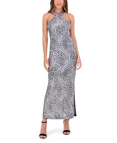Siena Women's Sleeveless Criss Cross Neckline Side Slit Sequin Mesh Maxi Dress, Platinum/Black, 8