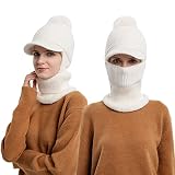 Fleece Lined Womens Beanie Knit Hat with Brim, Winter Scarf Mask Set for Women,Girls Snow Caps Earmu