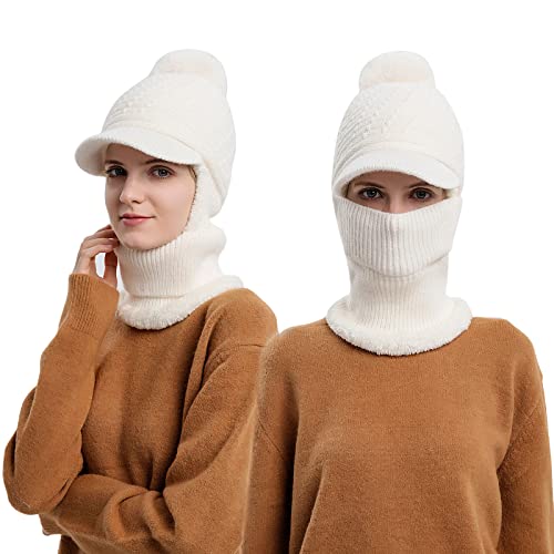Fleece Lined Womens Beanie Knit Hat With Brim, Winter Scarf Mask Set For Women,Girls Snow Caps Earmuffs Hats With Pom (White) #TOP8