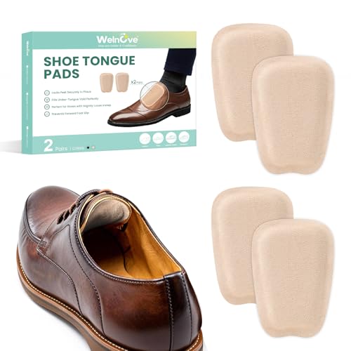 Shoe Tongue Pads for Men & Women - Welnove 2 Pairs Suede Memory Foam Shoe Padding Cushion Soft Self Adhesive Inserts Filler for Boots Leather Shoes Dress Shoes Loafers (Beige Size L)