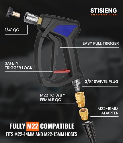 Image of Short Pressure Washer Gun with 360 Swivel, High Pressure Stubby Power Washer Gun Kit with 5 Nozzle Tips, M22-14mm & 15mm Adapters, 3 /8 inch QC for Car Wash Detailing & Cleaning (Black)