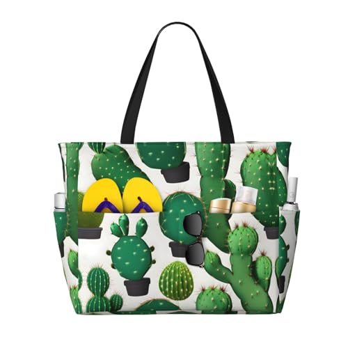 Green Cactus Large Beach Tote Bag Women Beach Tote Bag For Pool Gym Grocery Travel With Multiple Pocket