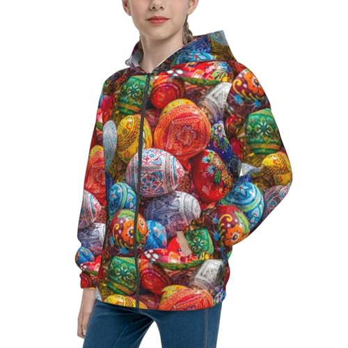 Colorful Hand Painted Easter Eggs Kids Pullover Hoodies Boys Zip Up Sweatshirts Girls Athletic Clothes with Pocket