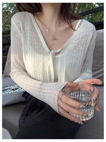 GORGLITTER Women's Tie Front Cropped Cardigan Sweater Eyelet Lightweight Boho Cute Bolero Shrug2