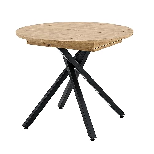MOMMAHOME® Mesa de Comedor Extensible y Plegable – Mesa Redonda para Salón, con Patas Metálicas Regulables, Color Roble/Negro, 90-120x90x75 cm