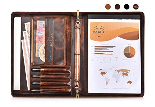 Padfolio with 3 Ring Binder(1'' O Ring), Padfolio Double Zipper, Resume Portfolio for Men/Women, Leather Portfolio Folder, Valentine's Day Gift, Red Brown