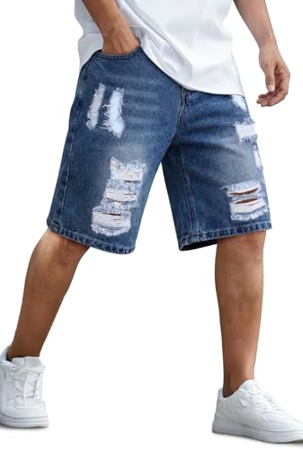 TUREFACE Mens Summer Ripped Denim Shorts Dark Blue Washed Fashion Loose Fit Distressed Jean Shorts