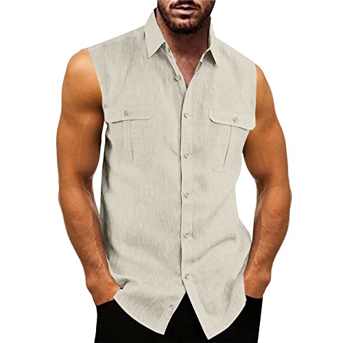 Chemise sans manches en coton pour homme avec poche poitrine style décontracté