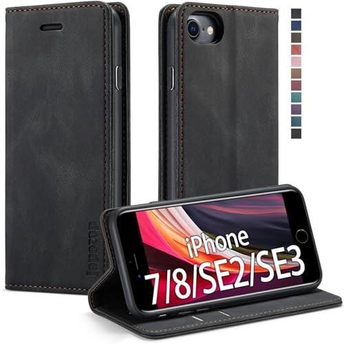 Case for iPhone SE 2022/iPhone SE 2020/iPhone 8/iPhone 7,[Premium Leather] [Soft TPU] [RFID Blocking][Card Slots] [Magnetic Kickstand] Flip Wallet Case for iPhone 7/8/ iPhone SE (2020/2022)(Black)