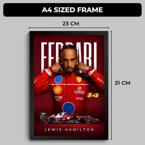 Image of Lewis Hamilton Ferrari Poster | Framed Ferrari F1 Car A4 Sized (31 x 23 cm) | Lewis Hamilton F1 Poster | Ferrari Car Posters for Wall, Gift for Boys, Formula 1 Frames | Formula 1 Frame (F 009)