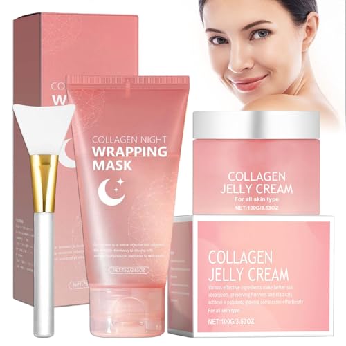Collagen Night Wrapping Mask, Collagen Jelly Cream, Mascarilla Peel Off Colageno, Pink Colágeno Jelly Gel Mask, Hidrata Profundamente la Piel y la Despierta a un Estado Saludable