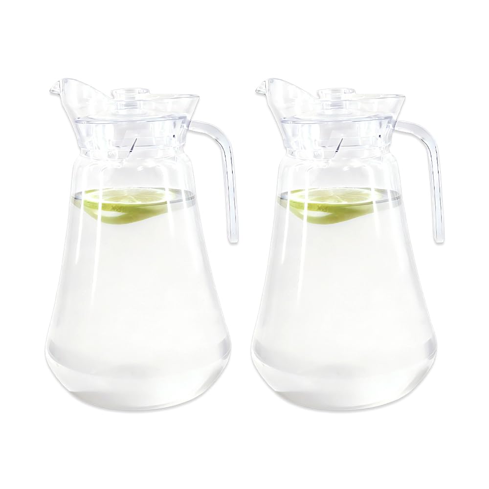 2 Pack Plastic Pitcher, 2L BPA-Free Beverage Dispenser with Lid & Handle, Heat-Resistant Clear Pitcher for Iced Water, Lemonade, Juice, Milk, Cold and Hot Drinks