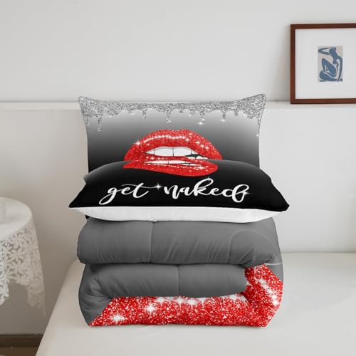 Image of Feelyou Black Bedding Set King, Get Naked Lips Comforter Set Lips Comforter for Kids Toddler Ombre Black and Red Duvet Set with 2 Pillow Case
