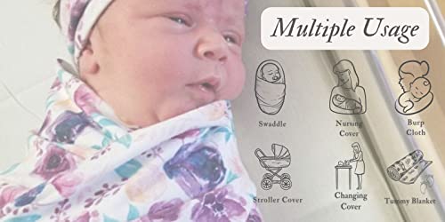 Image of Newborn Floral Print Blanket Baby Stretch Wrap Swaddle Receiving Blanket with Matching Headband and Beanie (Purple Floral)